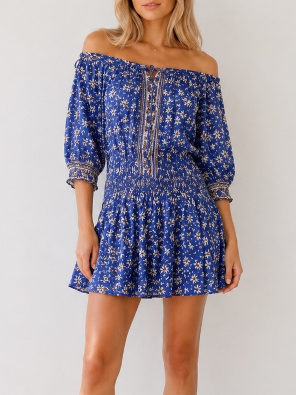 Poupette St. Barth Off Shoulder Blue White Floral Boho Resortwear Mini Dress